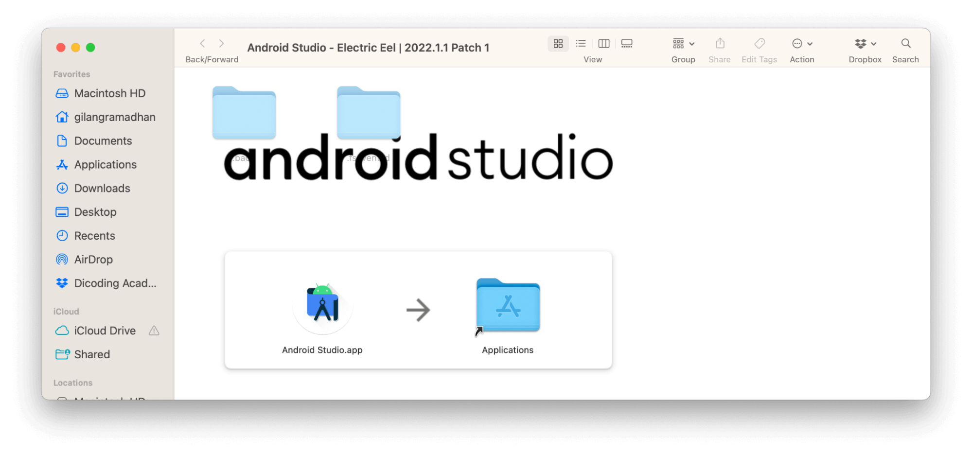 drag and drop aplikasi Android Studio.app
