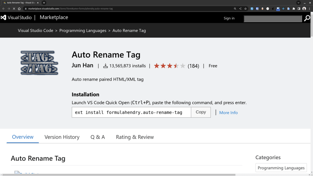 Halaman marketplace dari ekstensi Auto Rename Tag